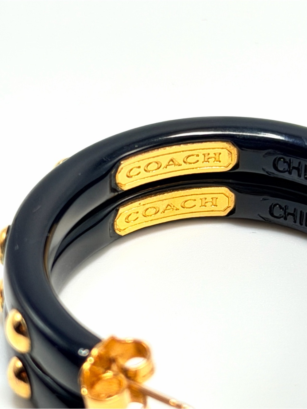 Coach Black Lucite Gold Tone Studded Hoop Earrings 1.5” Logo - Picture 2 of 14
